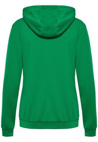 Groene hoodie met een gestructureerde stof, voorzien van lange mouwen en een geribde onderrand. Het ontwerp is eenvoudig en heeft een pulloverstijl.