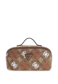 Brązowa kosmetyczka z zamknięciem na suwak, posiadająca teksturowaną powierzchnię i wzorzyste akcenty w bieli i czerwieni. Wyposażona w uchwyt na górze.
