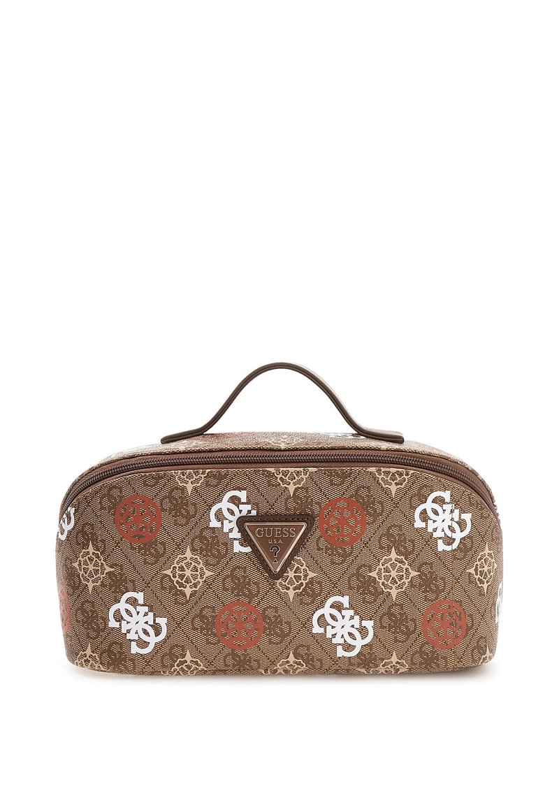 Brązowa kosmetyczka z zamknięciem na suwak, posiadająca teksturowaną powierzchnię i wzorzyste akcenty w bieli i czerwieni. Wyposażona w uchwyt na górze.