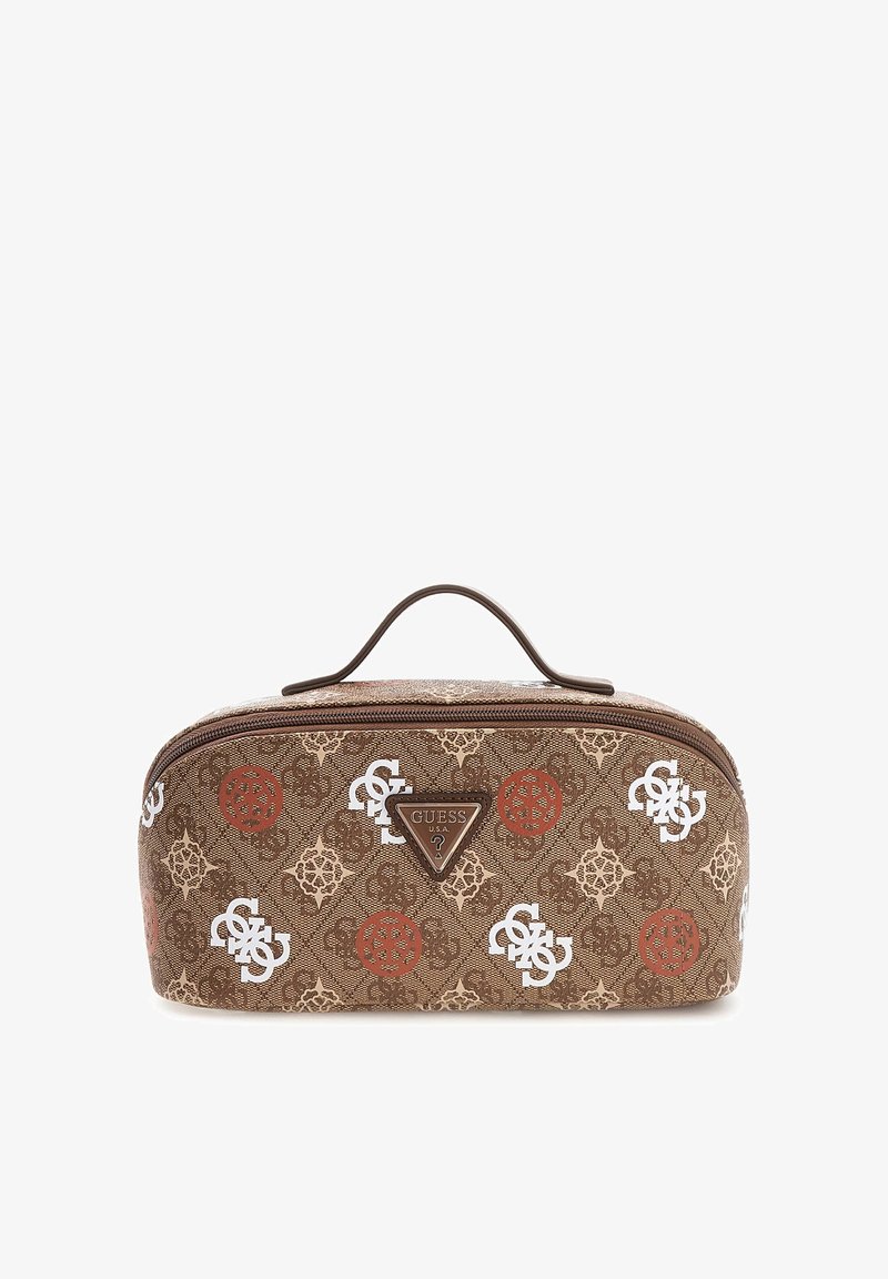 Brązowa kosmetyczka z zamknięciem na suwak, posiadająca teksturowaną powierzchnię i wzorzyste akcenty w bieli i czerwieni. Wyposażona w uchwyt na górze.