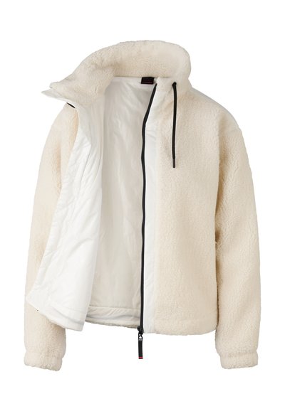 Fleecejakke i off-white med lynlåslukning foran og sort snor. Indersiden er glat med en kontrasterende hvid foer.