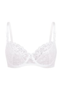 Weißer Spitzen-BH mit floralem Stickmuster, verstellbaren Trägern und einer kleinen Satinschleife in der Mitte, verziert mit silberfarbenen Hardware-Akzenten.
