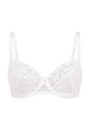 White lace bra featuring floral embroidery, adjustable straps, and a small satin bow at the center with a silver hardware accent.
