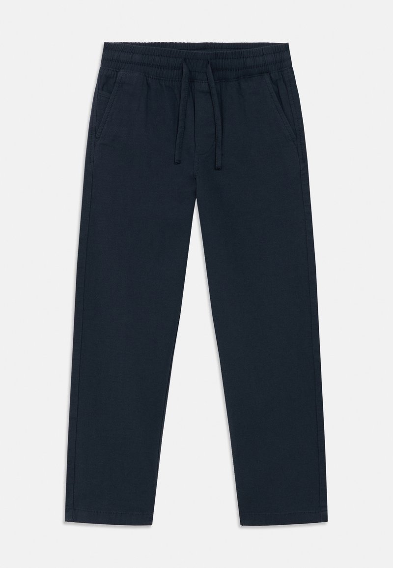 Παντελόνι με ελαστική μέση σε ναυτικό μπλε χρώμα και κορδόνι, δύο πλαϊνές τσέπες και κανονική εφαρμογή στο πόδι· κατασκευασμένο από μαλακό, υφασμένο ύφασμα.