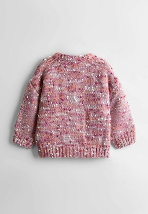 Strickpullover, weich in pink mit mehrfarbigen Sprenkeln, runder Ausschnitt, oversized Schnitt, gerippte Bündchen und Saum, strukturierter Faden.