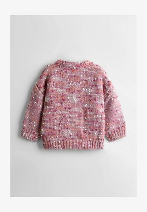 Kootud sviiter, pehme roosa mitmevärviliste täppidega, ümmargune kaelus, üle mõõtu lõige, soonikkoes mansetid ja alumine äär, tekstuuriga lõng.