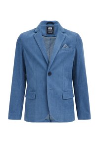 Modrý kordový blazer s klopami, s jedním knoflíkem, dvěma předními kapsami a vzorovanou podšívkou. Součástí je také malý detail kapesního čtverce.