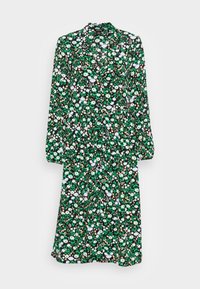 Abito floreale con sfondo nero, caratterizzato da motivi verdi, bianchi e rosa. Maniche lunghe, colletto e una silhouette fluente.