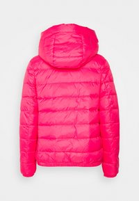 Diverse Jacke in leuchtendem Pink, ausgestattet mit einer Kapuze, elastischen Bündchen und horizontalen Steppdetails. Glatte, glänzende Oberfläche.