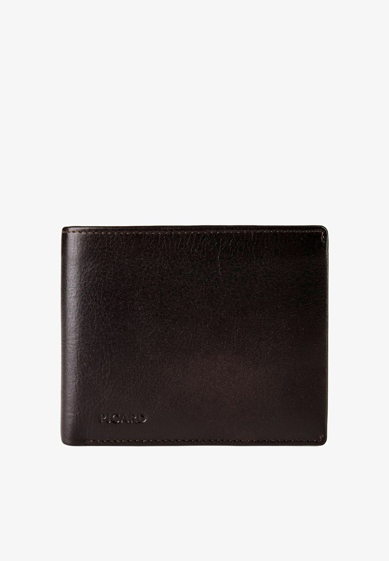 Dunkelbraune Leder-Geldbörse mit zwei Klappen, sichtbaren Nähten und geprägt "PICARD" Logo in der unteren linken Ecke.