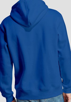 Blauer Kapuzenpullover, getragen von einer Person mit dem Rücken zur Kamera, kombiniert mit hellblauen Jeans.