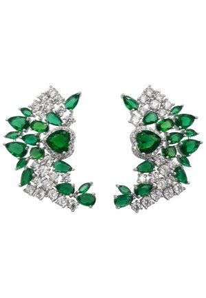 Orecchini in zirconia cubica chiara ed emerald con design floreale, caratterizzati da pietre a forma di pera e a forma di cuore, montati in argento.