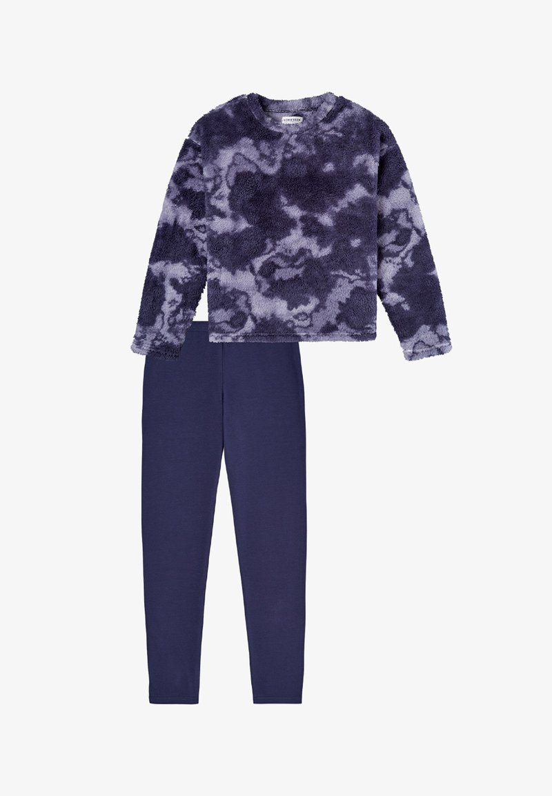 Fleece-toppi, jossa on laivastonsininen ja purppuramarble-malli; pehmeä rakenne. Yhteensopivat laivastonsiniset leggingsit, joissa on sileä kangaspinta. Asuste rentoa käyttöä varten.