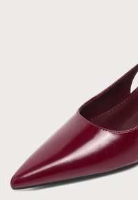Chaussure slingback bordeaux brillante à bout pointu avec un petit talon et une finition en cuir lisse sur fond blanc.