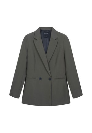 Blazer verde scuro realizzato in un tessuto liscio, con rever a punta, chiusura doppiopetto, due bottoni e una tasca sul petto.