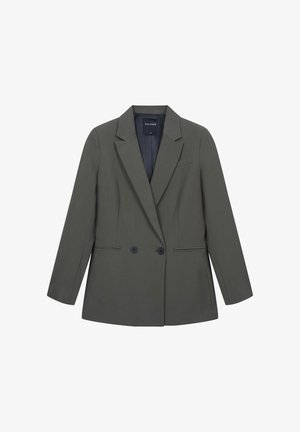 Blazer verde scuro realizzato in un tessuto liscio, con rever a punta, chiusura doppiopetto, due bottoni e una tasca sul petto.