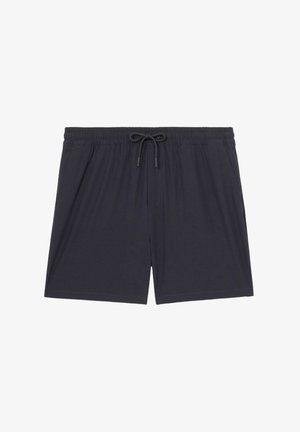 Sötétkék fürdőnadrág, könnyű anyagból készült, rugalmas derékkal és húzózsinórral, valamint két oldalzsebbel.