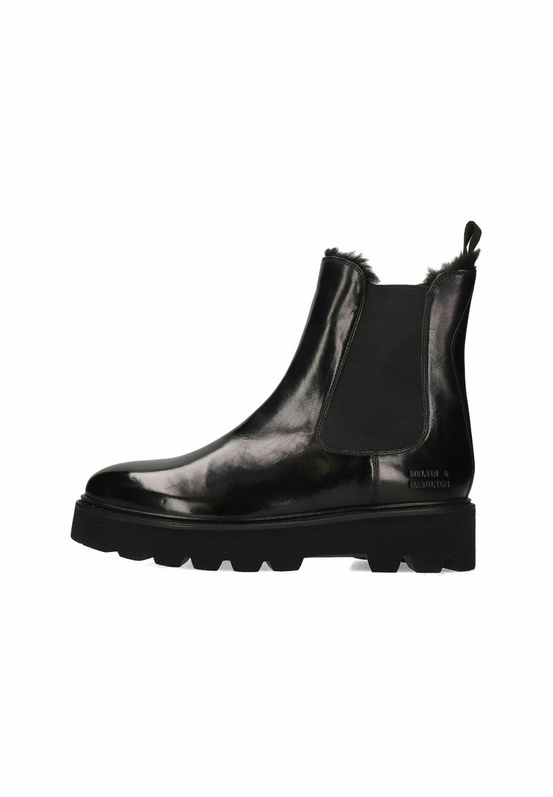 Zwarte leren Chelsea-boots met elastische zijkanten, textuurhiel, dikke rubberen zool en een trekband aan de achterkant voor eenvoudig aan- en uittrekken.