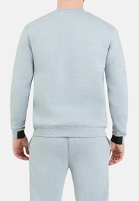Sudadera gris con un acabado texturizado, puños y dobladillo acanalados, cuello redondo y detalles negros en los puños. Vista trasera, sin diseños visibles.