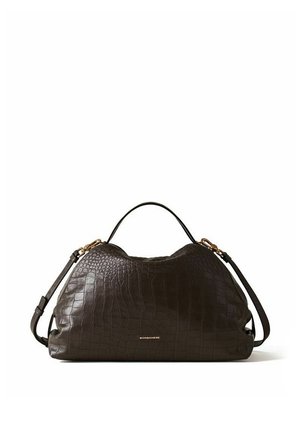 Borsa in pelle marrone scuro con texture coccodrillo, manico superiore e tracolla removibile, piccolo logo dorato del marchio sul davanti.