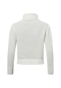 Weißer Strickpullover mit hohem, geripptem Kragen, langen Ärmeln und cropped Saum. Strukturiertes Muster über den gesamten Körper und die Ärmel.