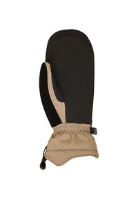 Zwarte en tan geïsoleerde wanten met een gladde buitenkant, elastische pols en een cinchopening voor een veilige pasvorm. Gestructureerde palm voor grip.