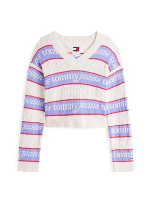 Rövidített, krémszínű pulóver V-nyakkal, texturált kötött mintákkal. Világoskék, piros és fehér csíkozás, "tommy jeans" logóval.