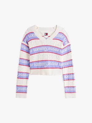 Pulover scurt, crem, cu decolteu în V, având modele de tricot texturate. Design în dungi de culoare albastru deschis, roșu și alb cu logo-ul "tommy jeans".