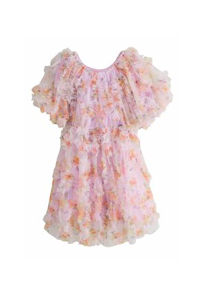 Rosa Blumenkleid aus leichtem Stoff, mit gerafften Ärmeln und Saum, lockerem, fließendem Schnitt und elastischem Halsausschnitt.