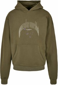 Olive green hooded sweatshirt with front pouch pocket, featuring a white graphic text and purple butterfly design across the chest.