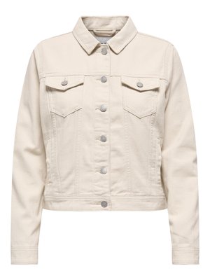 Beige cropped denimjakke med lange ermer, knappeåpning foran, to brystlommer med klaff og knapper, og en klassisk krage.