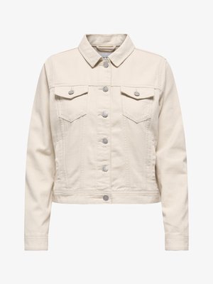 Beige cropped denimjakke med lange ermer, knappeåpning foran, to brystlommer med klaff og knapper, og en klassisk krage.