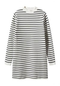 Abito a maglia a righe in bianco e blu navy, con un collo alto e maniche lunghe, dalla silhouette dritta e texture a coste.