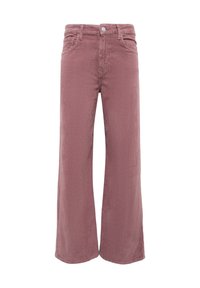Corduroy wide-leg pants in muted rose, featuring a button closure, five pockets, and subtle ribbing texture throughout.