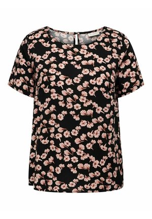 Blouse noire à manches courtes avec un motif floral rose clair sur l'ensemble et une petite ouverture avec bouton au niveau de l'encolure arrière.