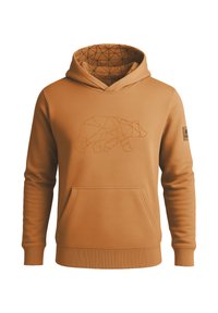 Braune Kapuzenjacke aus weichem Stoff, mit einem geometrischen Bärenmotiv in der Mitte und einem dreieckigen Muster im Inneren der Kapuze. Fronttasche vorhanden.