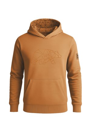 Bruine hoodie van zachte stof, met een geometrisch berenontwerp in het midden en een driehoekig patroon aan de binnenkant van de capuchon. Voorzak inbegrepen.