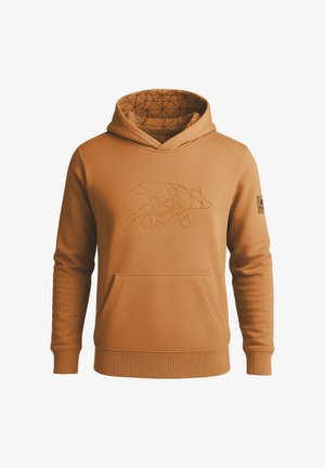 Bruine hoodie van zachte stof, met een geometrisch berenontwerp in het midden en een driehoekig patroon aan de binnenkant van de capuchon. Voorzak inbegrepen.