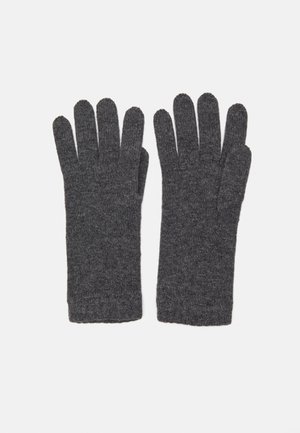 Grå strikkede handsker med fem fingre, der har en ribbet manchet og blød tekstur. Designet er enkelt og funktionelt uden udsmykninger.