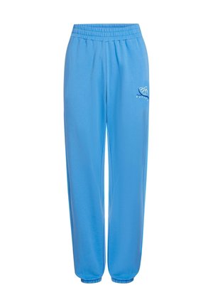 Modre trenirka hlače z elastičnim pasom, zoženimi manšetami in majhnim logotipom na levi strani. Izdelane iz mehkega, zračnega materiala.