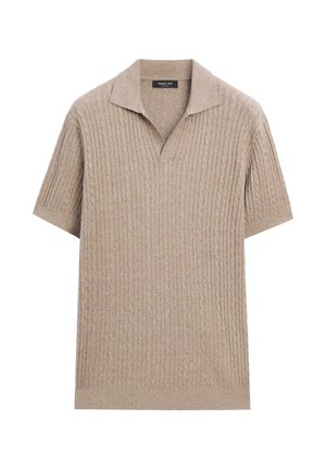 Beige kortærmet strikket poloshirt med kabelmønster og åben kravedetalje, lavet af blødt tekstureret stof.