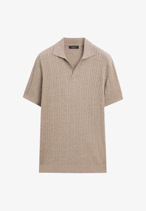 Beige poloshirt met korte mouwen en kabelpatroon, open kraagdetail, gemaakt van zachte, gestructureerde stof.