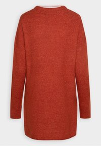 Pull en maille orange rouille à manches longues avec un col rond, vu de dos sur un fond uni.