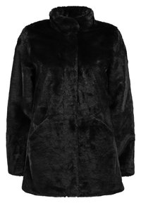 Sort faux fur frakke med høj krave, lange ærmer og to forlommer. Blød tekstur og et løst, oversized design.