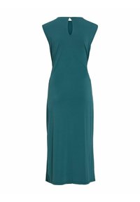 Robe midi sans manches couleur sarcelle avec une découpe en forme de trou de serrure au niveau de l'encolure et une fermeture par bouton au dos.