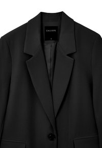 Schwarzer Blazer mit Kerbkragen, einreihiger schwarzer Knopfleiste und Seitentaschen. Hergestellt aus glattem Stoff mit tailliertem Schnitt. Marke: Calliope.