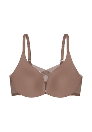 Lysebrun, glat kop-bh med justerbare skulderstropper og halvgennemsigtige netpaneler i siderne, vist på en hvid baggrund.