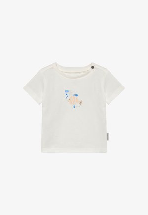 Biały, krótki rękaw, bawełniany t-shirt z grafiką ryby w beżowym i niebieskim kolorze oraz napisem "FISH YOU WERE HERE" w kolorze niebieskim.