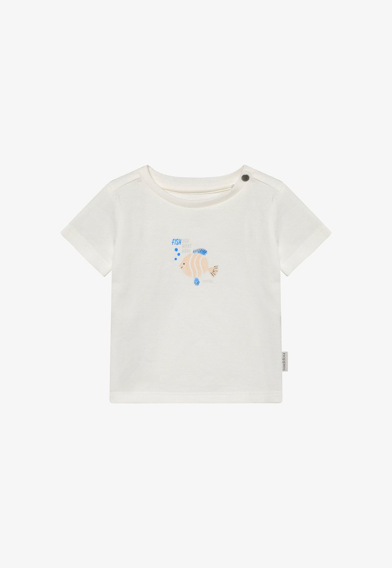 T-shirt blanc à manches courtes en coton, avec un motif de poisson en beige et bleu accompagné du texte "FISH YOU WERE HERE" en bleu.