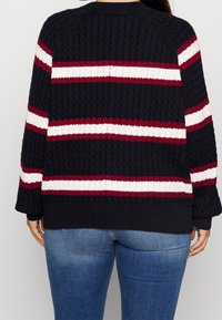 Mustikkavärinen neulepaita, jossa on teksturoitu kuvio ja leveät punaiset ja valkoiset vaakaraitat, ribatuilla hihoilla ja helmalla. Takakata katsottuna.